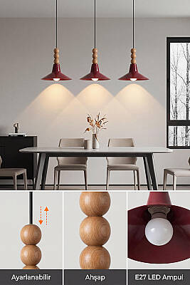 Ruby Ahşap 3 Boncuklu Avize 30 cm - Bordo - 5