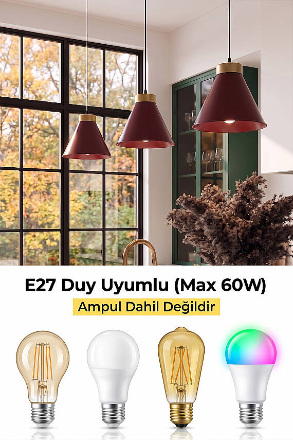 Liva Bohem Gold Bordo Metal Sarkıt (20 cm) Yemek Masası Üstü Avize Mutfak & Salon Aydınlatması - 5